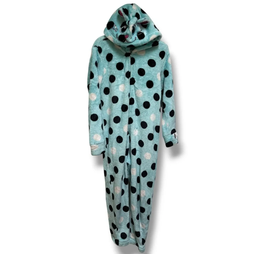 Justice Girls Blue Polka Dot Cat Hood Plush‎ Fleece One Piece Pajamas Size 8